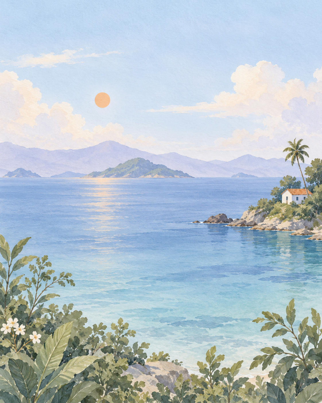 Watercolor illustration of a peaceful Philippine coast